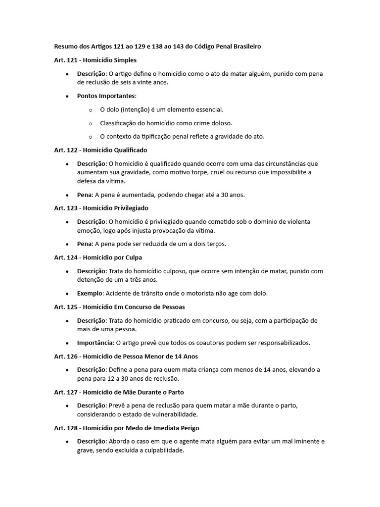 Resumo Dos Artigos 121 Ao 129 e 138 Ao 143 Do Código Penal Brasileiro | PDF