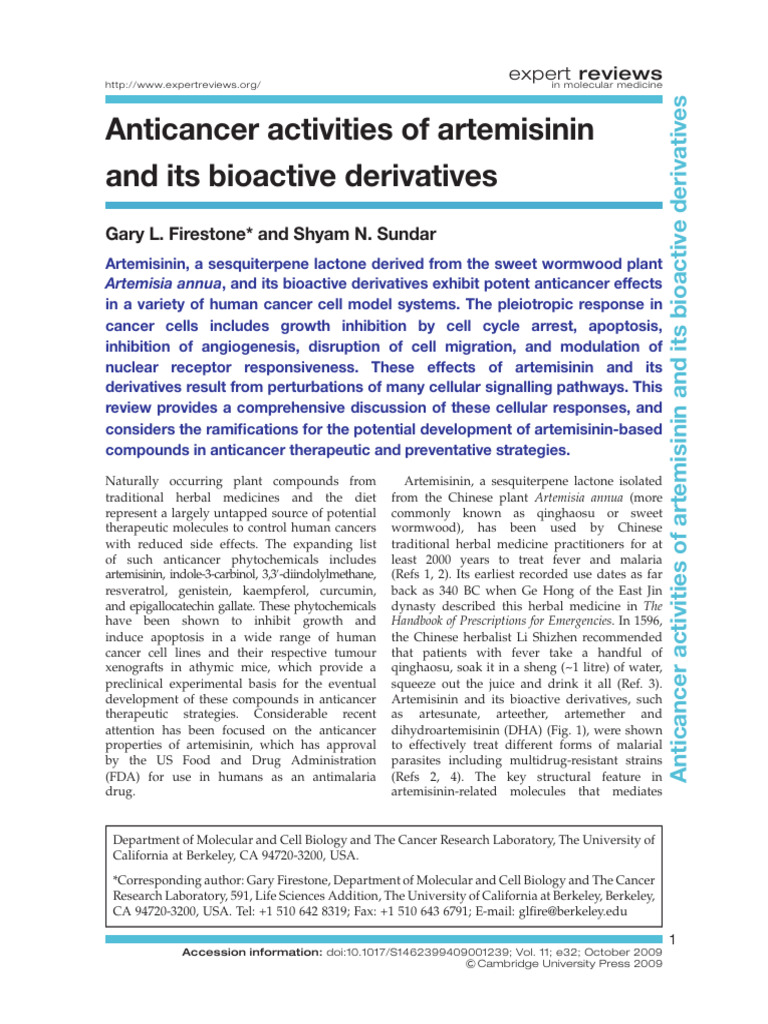2009 Anticancer Activities of Artemisinin and Its Bioactive Derivatives ...