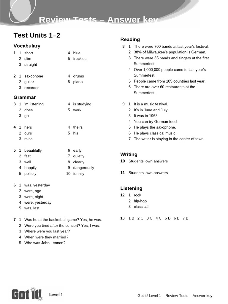Got It 1 Review Tests Answer Key | PDF