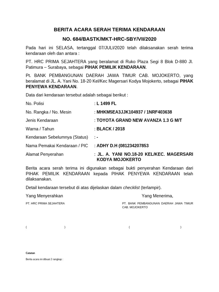 Berita Acara Serah Terima Kendaraan | PDF