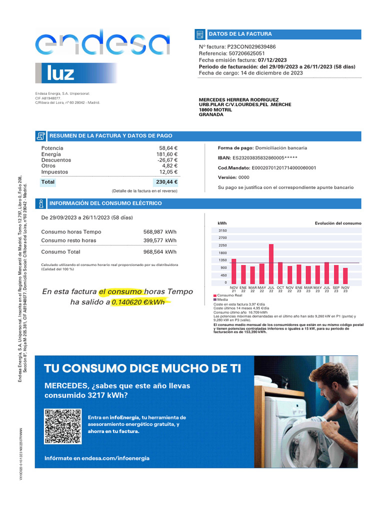 Factura de electricidad Endesa 12/2023 | PDF | Poder (Física)