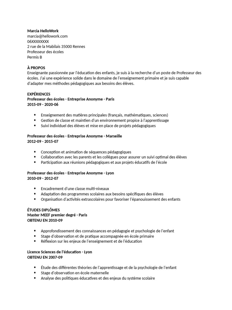 Exemple de CV Professeur Des Écoles | PDF