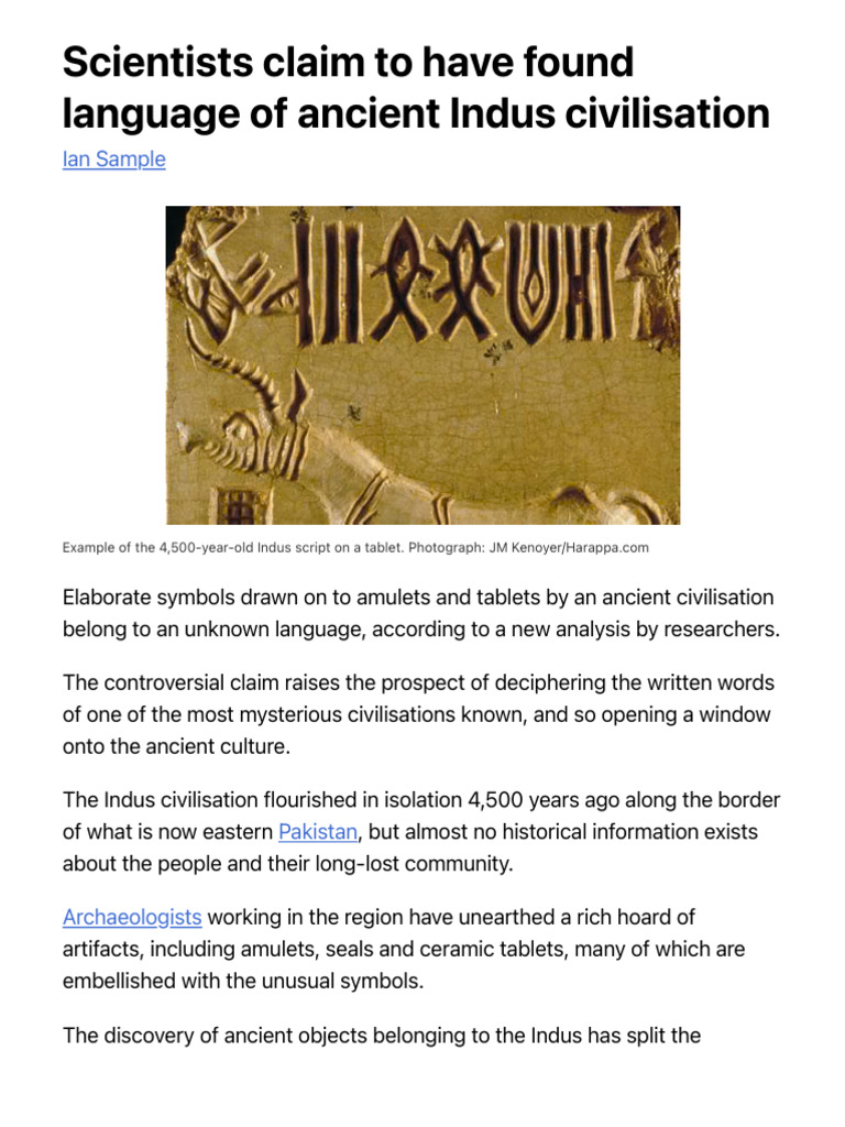 Scientists Claim To Have Found Language of Ancient Indus Civilisation ...
