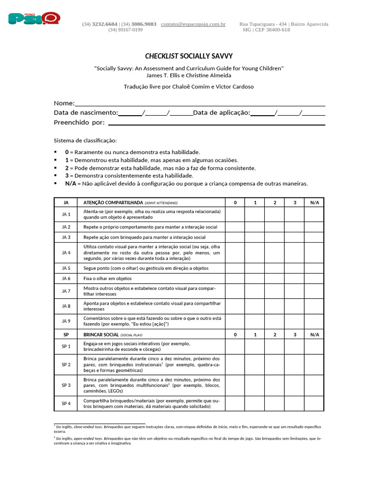 Socially Savvy Assessment Checklist | PDF