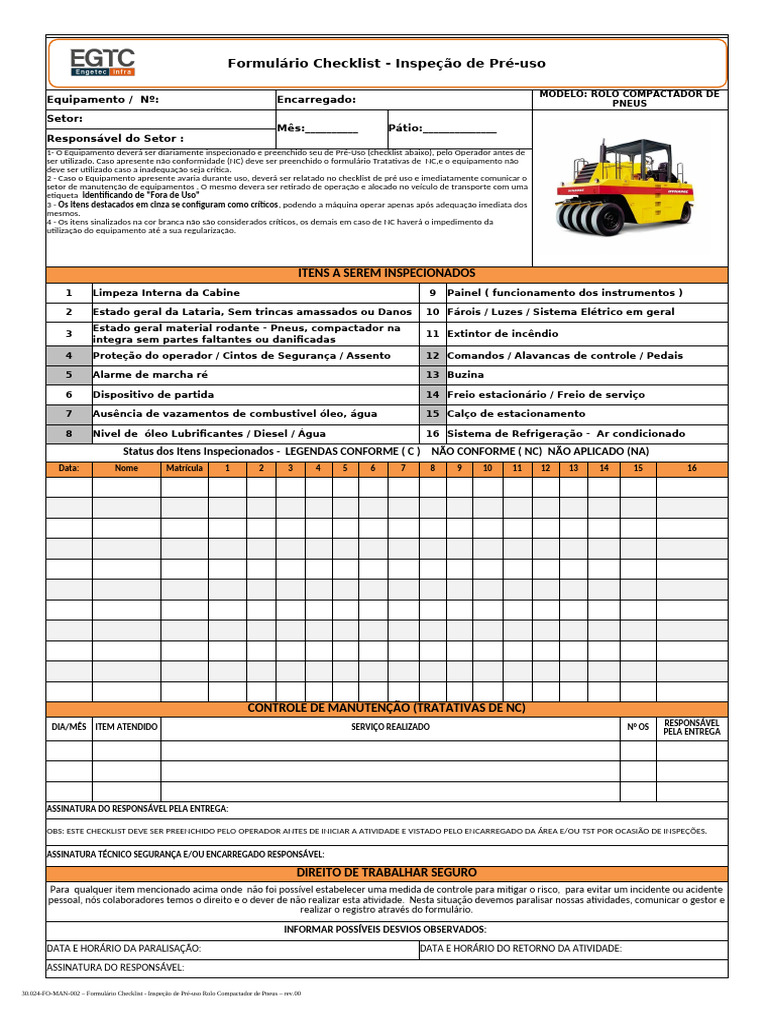 Formulário de Inspeção - Pré Uso Rolo Compactador de Pneus Rev.00 | PDF