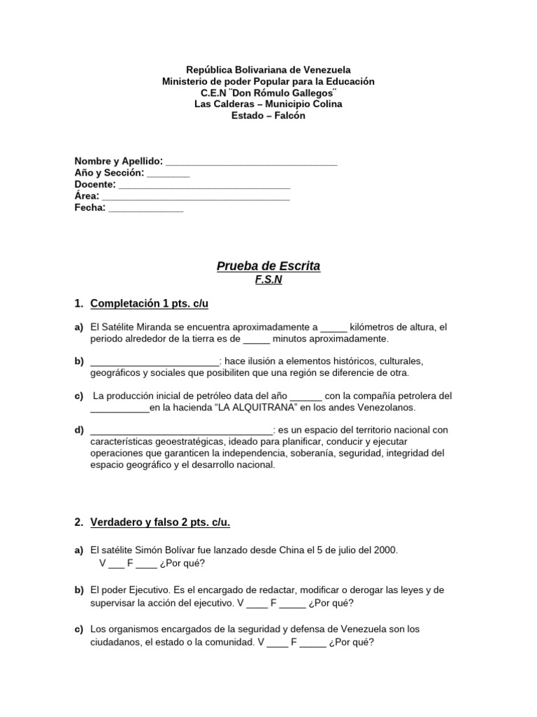 Prueba Escrita F S N De 5to Año A B Pdf
