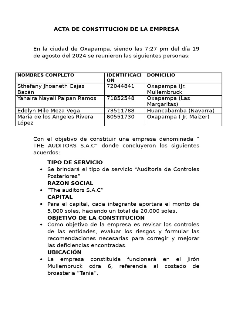Acta de Constitucion de La Empresa | PDF