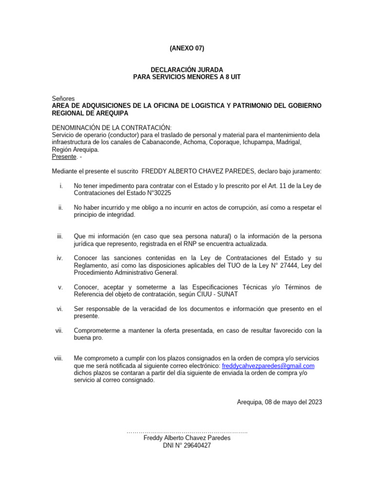 Formato de Declaracion Jurada para Bienes y Servicios | PDF