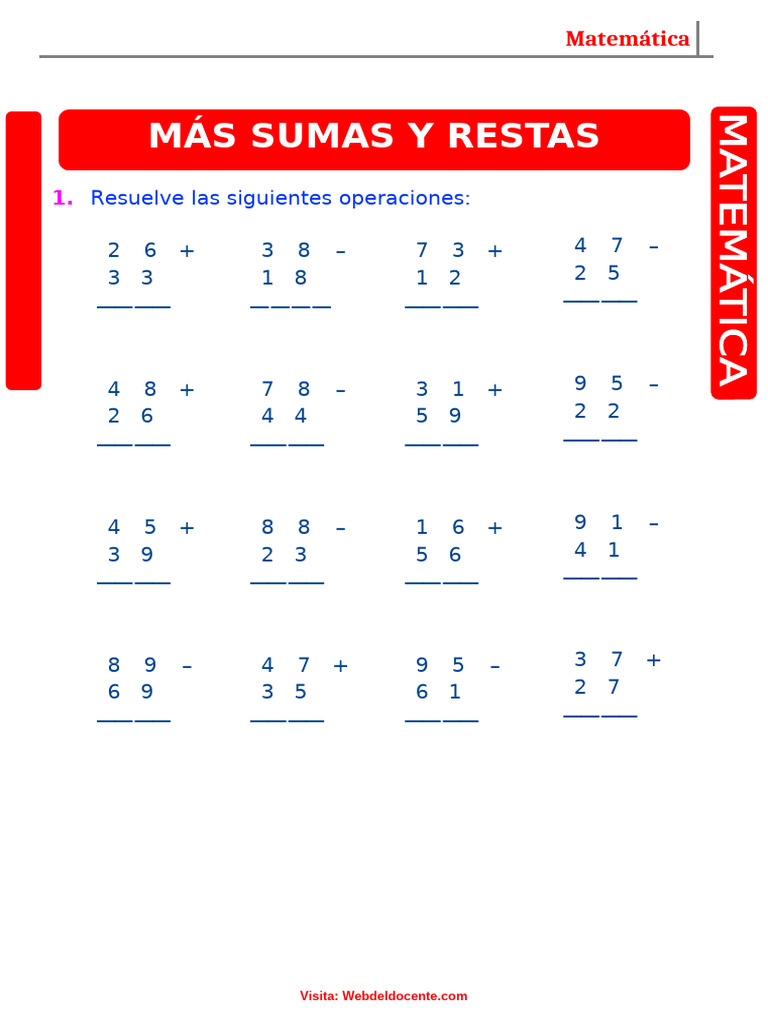 Ejercicios De Sumas Y Restas Para Primer Grado De Primaria Pdf