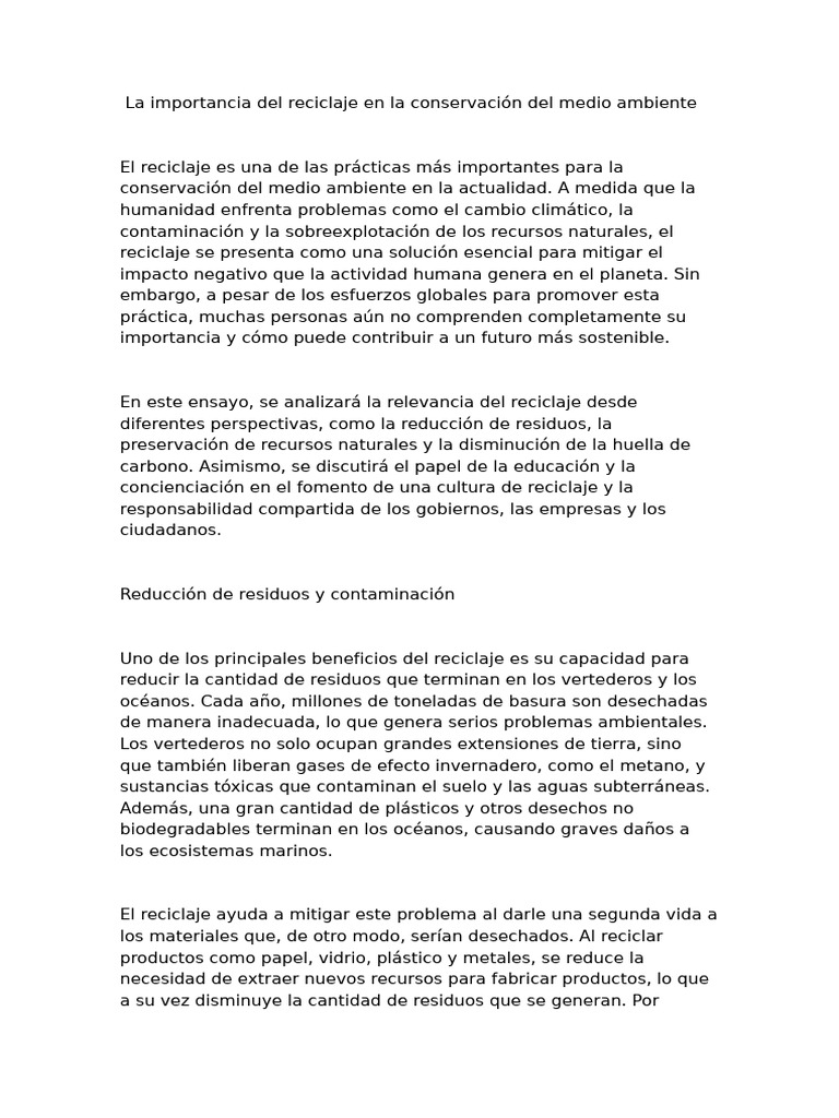 La Importancia Del Reciclaje en La Conservación Del Medio Ambiente | PDF