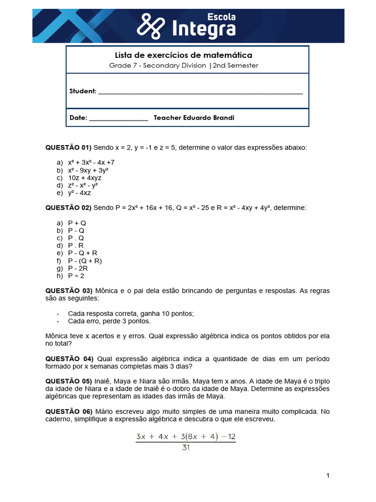 Lista de Exercícios - Expressões Algébricas - 7º Ano | PDF