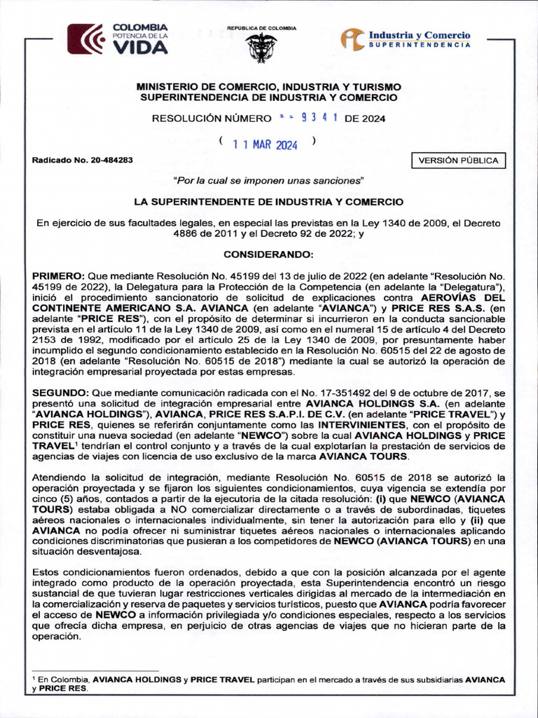 Resolución 9341 2024 Avianca Vs Price Res SAS | PDF