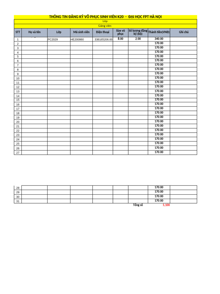 FU Form Dang Ki Vo Phuc SV k20 - Sơn Tây | PDF