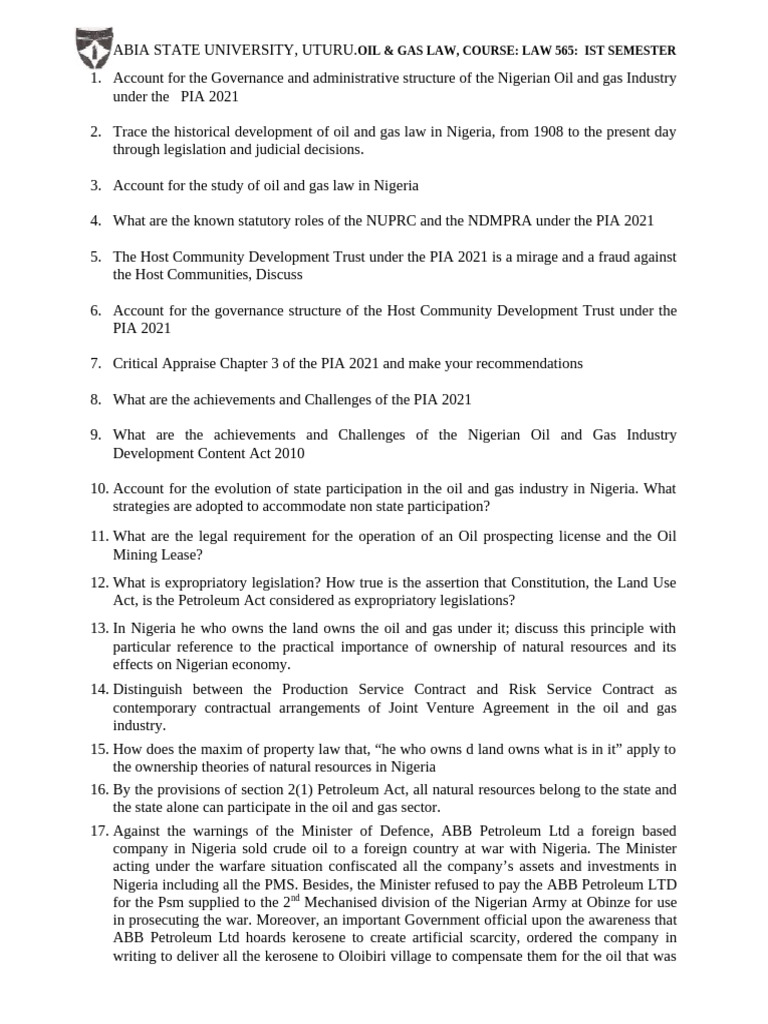 Absu Fol Study Questions On Oil and Gas 1ST Semester 2024 | PDF ...
