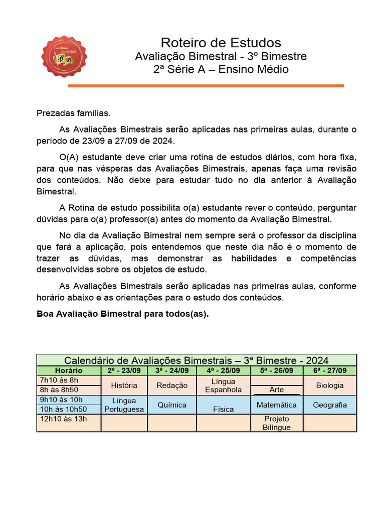Roteiro de Estudos 3º Bim Av Bimestral 2ª Série EM.docx PDF