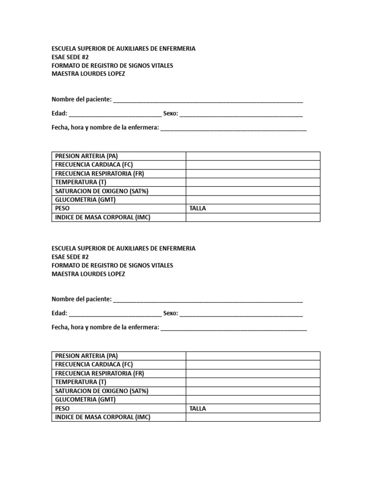 Formato de toma de signos vitales | PDF