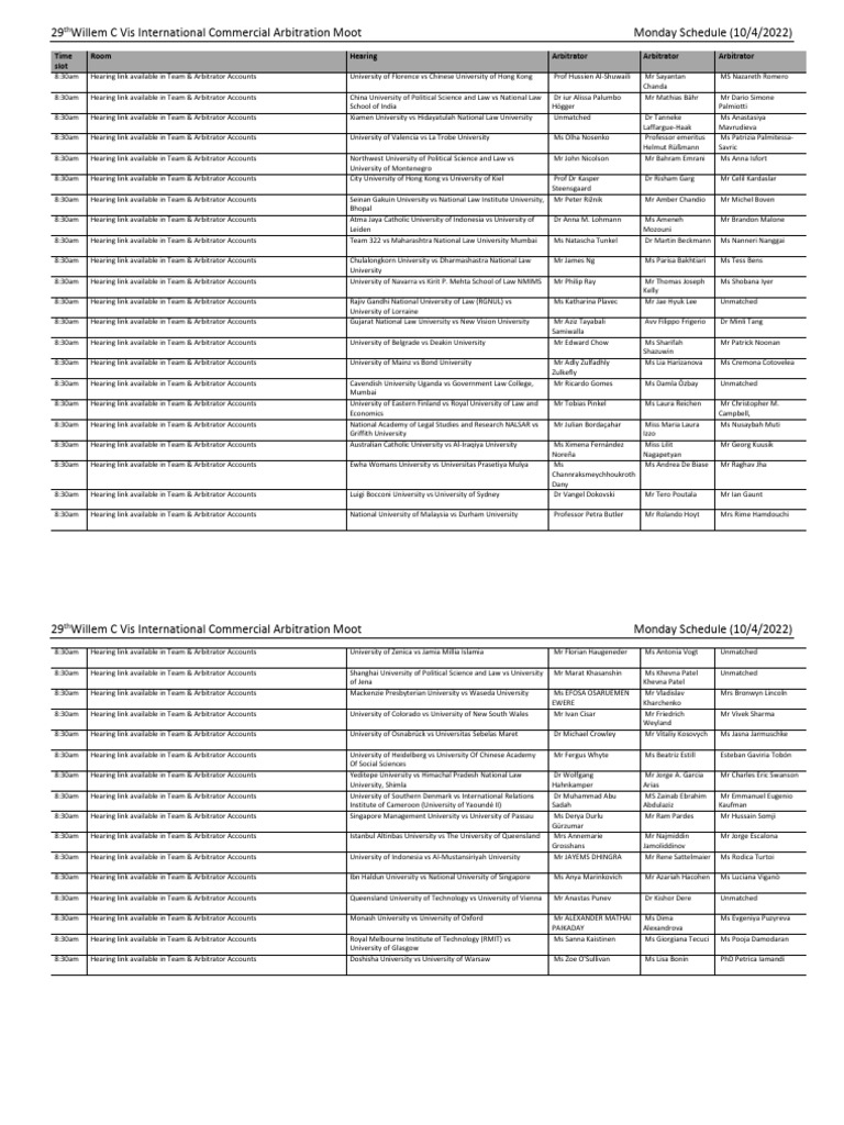 29th Vis Moot Monday Schedule | PDF | Universities And Colleges ...