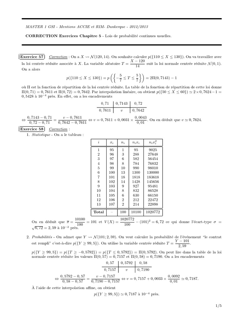 Probas Master1 GSI Chapitre5 CORRECTION | PDF