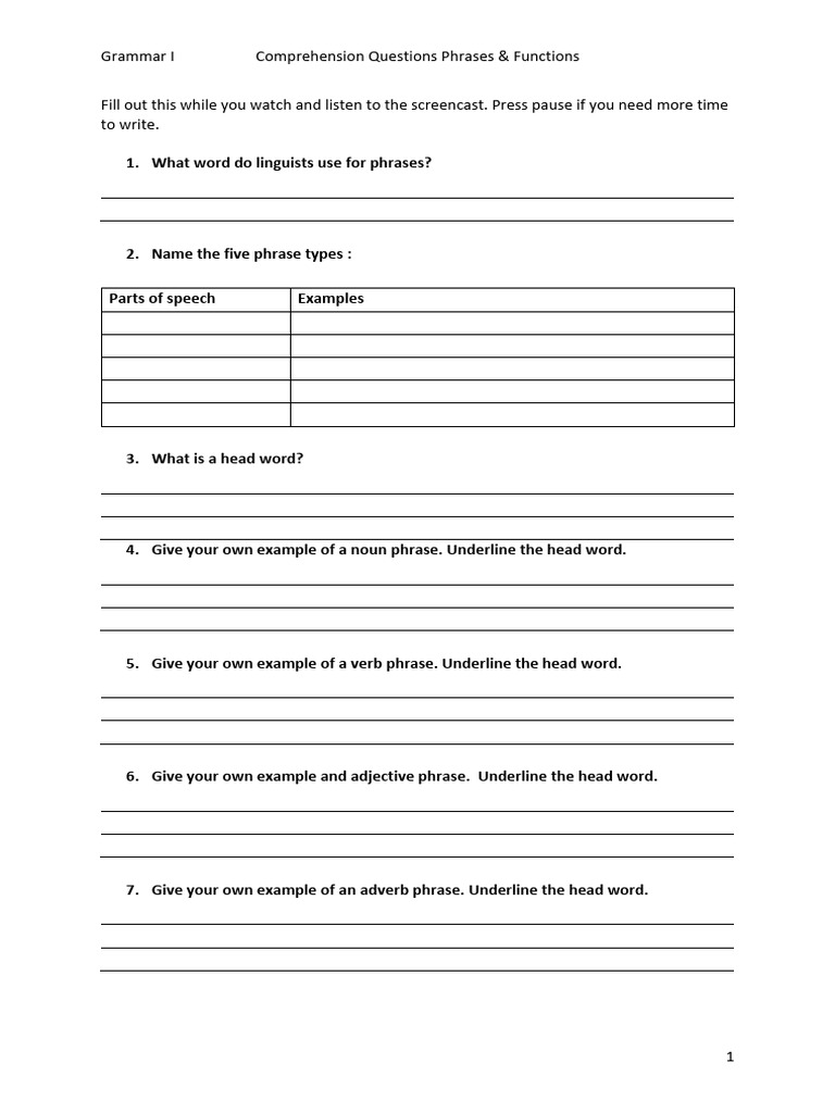 Comprehension Questions Word Phrases and Functions | PDF