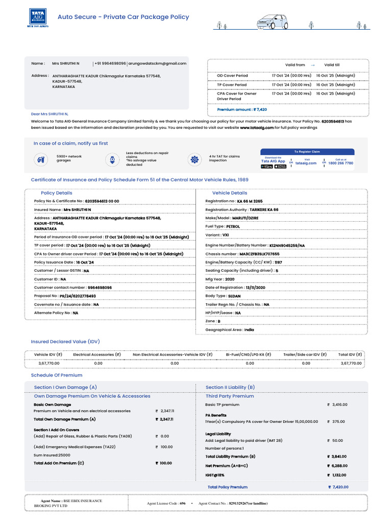 Tata AIG Motor Policy Schedule 3184 6203594613 PDF