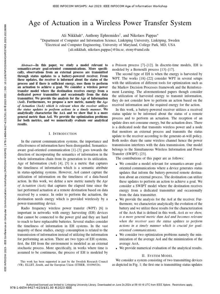 Age of Actuation in A Wireless Power Transfer System | PDF