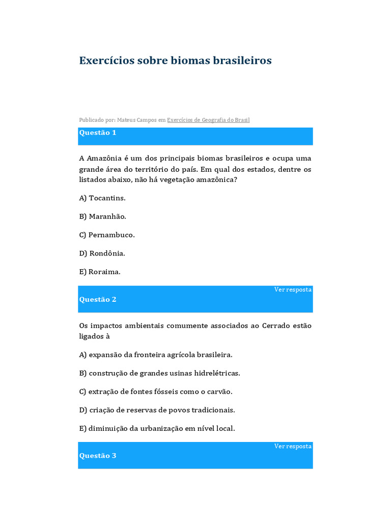 Exercícios Sobre Biomas Brasileiros | PDF