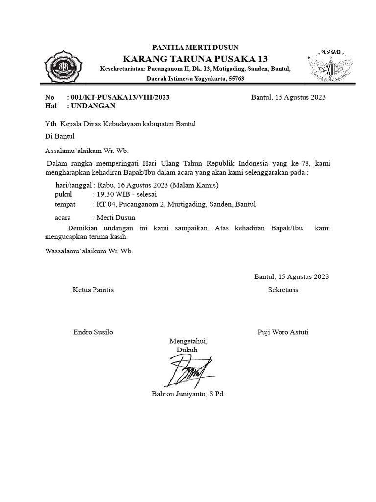 Surat Undangan Merti Dusun Kepala Dinas Kebudayaan Pdf