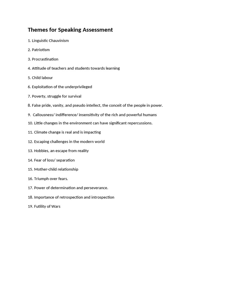 Themes For Speaking Assessment-1 | PDF
