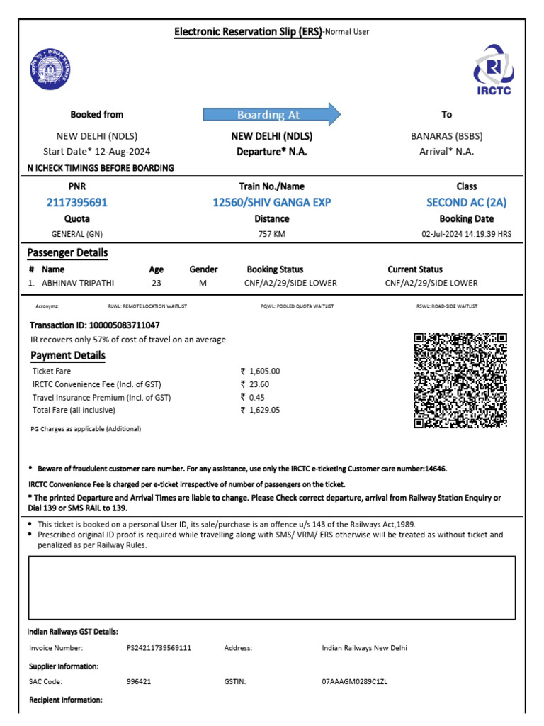 12560/shiv Ganga Exp Second Ac (2A) | PDF