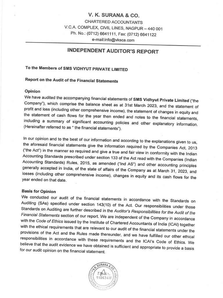 SMS Vidhyut Auditors Report 22-23 | PDF