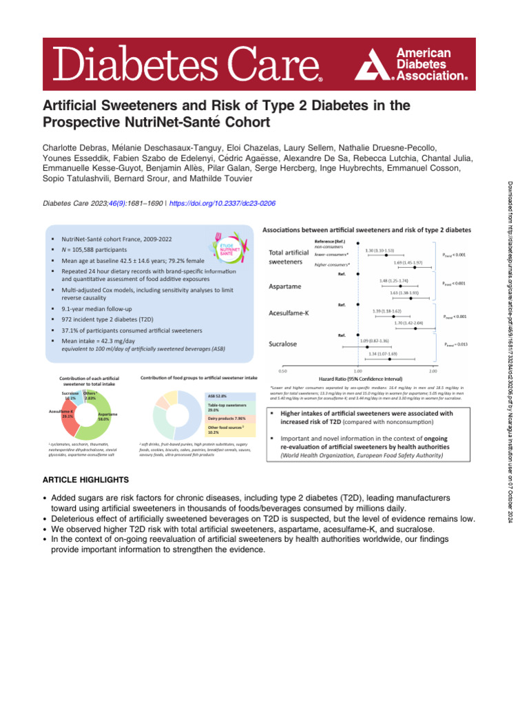 Artificial Sweeteners and Risk of Type 2 Diabetes | PDF
