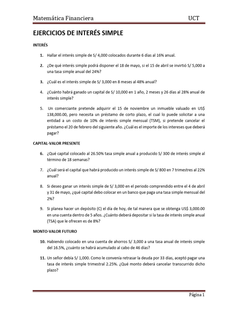 Ejercicios de Interés Simple en Finanzas | PDF | Finanzas y dinero
