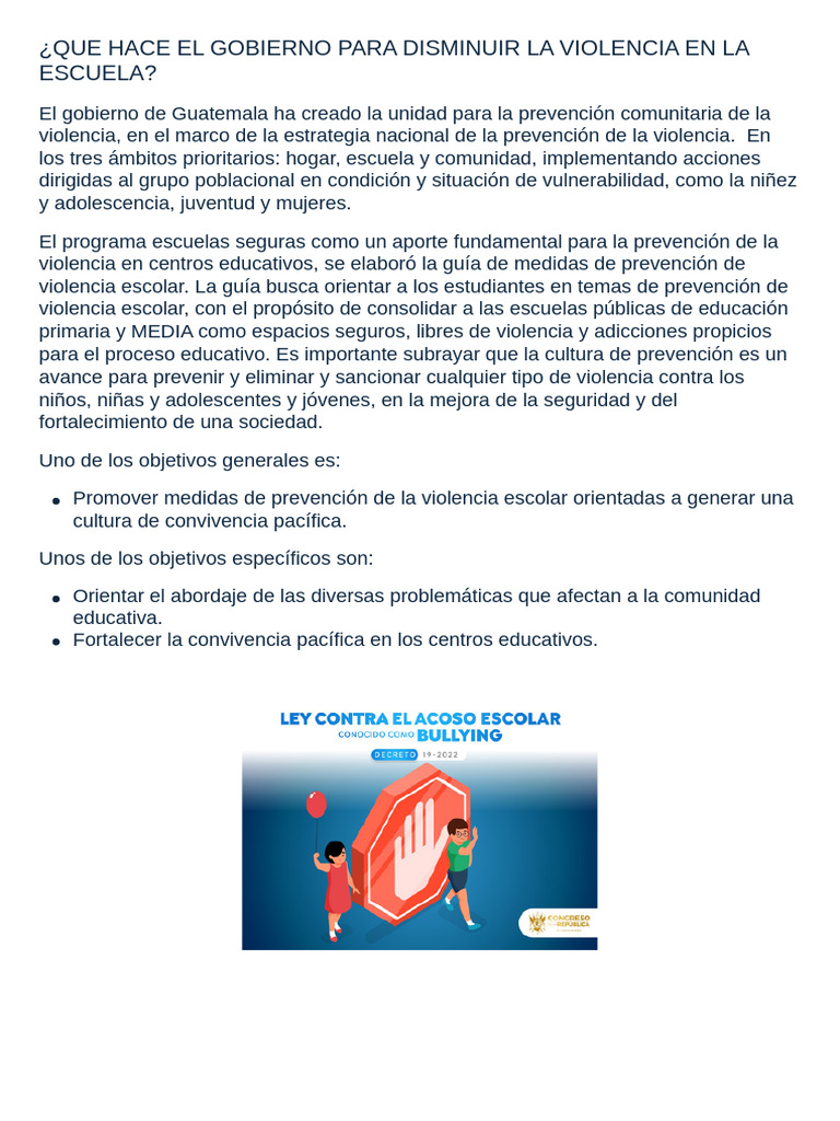 Que Hace El Gobierno para Disminuir La Violencia en La Escuela - Docx ...