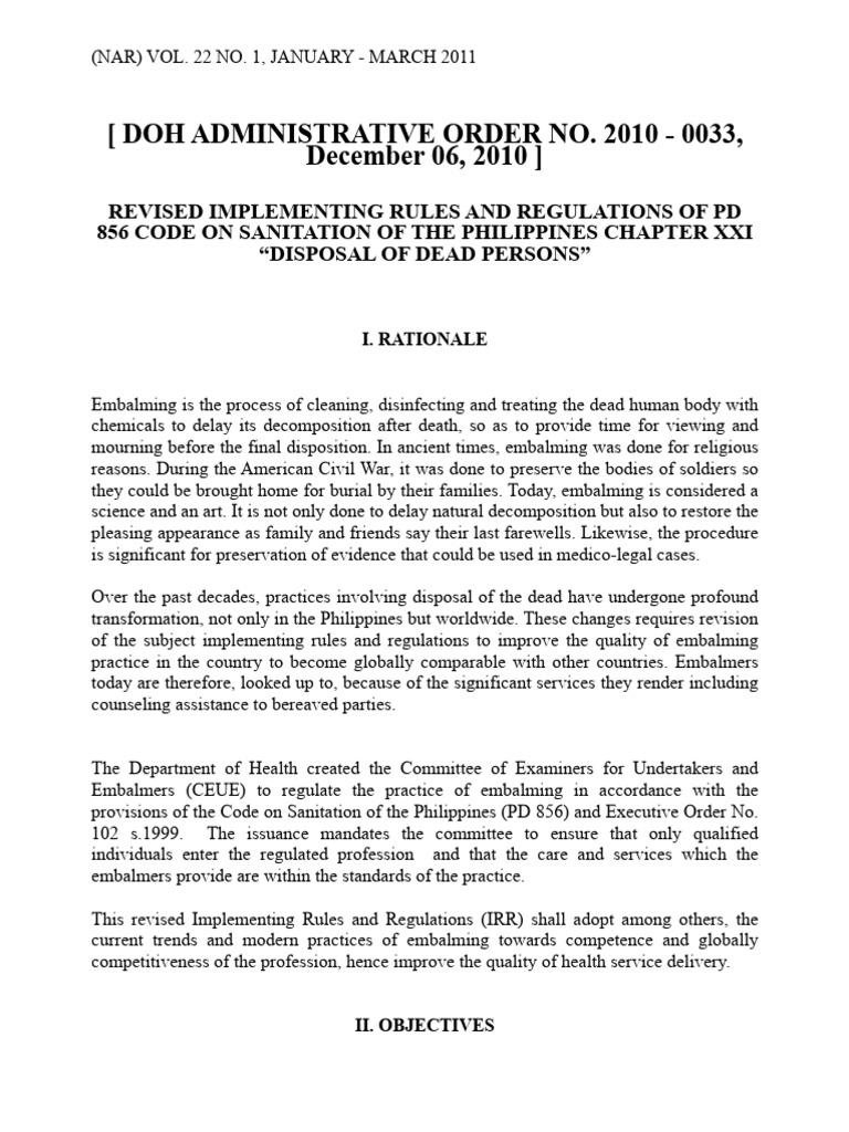 IRR PD 856 Chap XXI - Disposal of Dead Persons | PDF