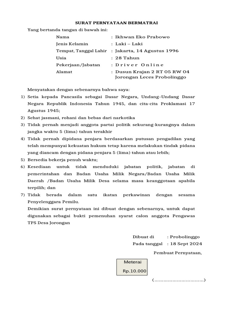 SURAT PERNYATAAN BERMATRAI. | PDF