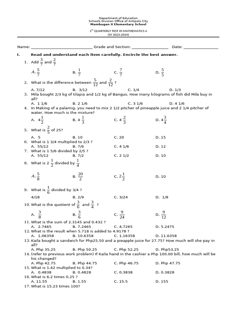 1st Periodical Test in Math | PDF
