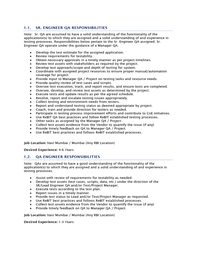 Senior Qa Engineer Responsibilities Guide Pdf
