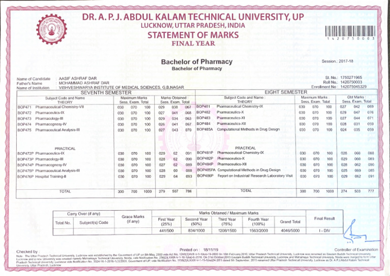Final Yr Marks Sheet | PDF