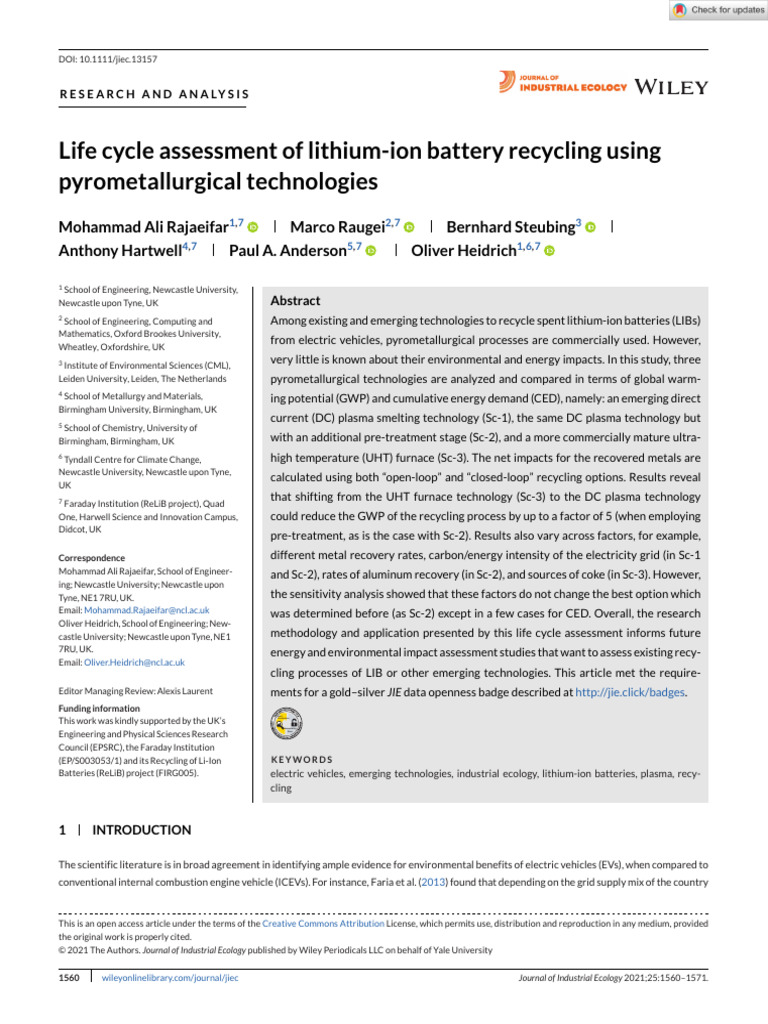 Life Cycle Assessment of LIB Recycling | PDF