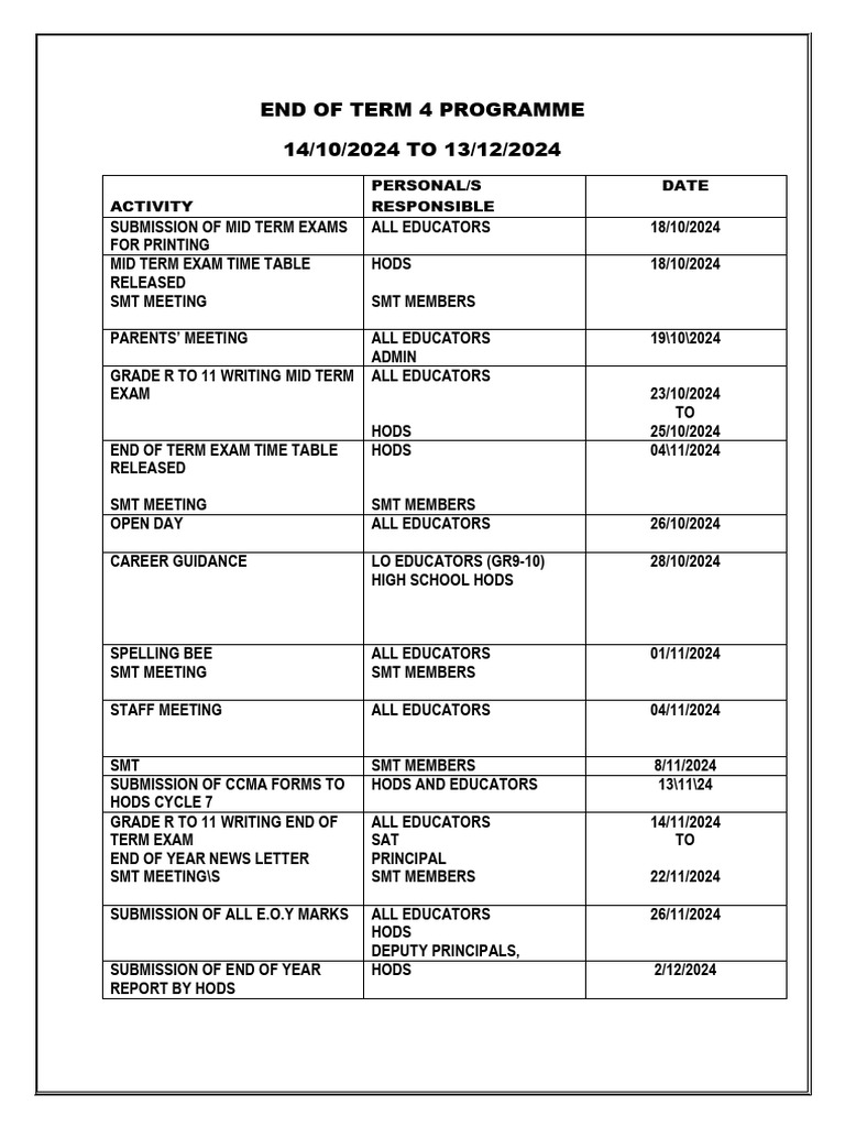 2024 End of Term 4 Schedule | PDF | Science & Mathematics | Technology ...
