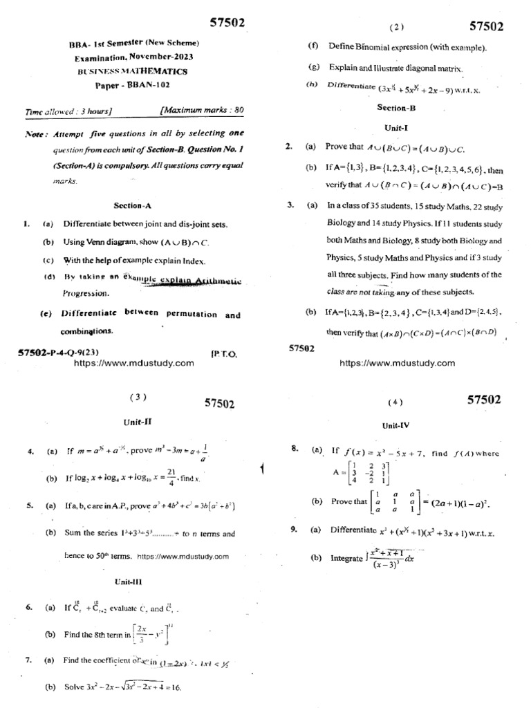 Bba 1 Sem Business Mathematics 57502 Nov 2023 | PDF