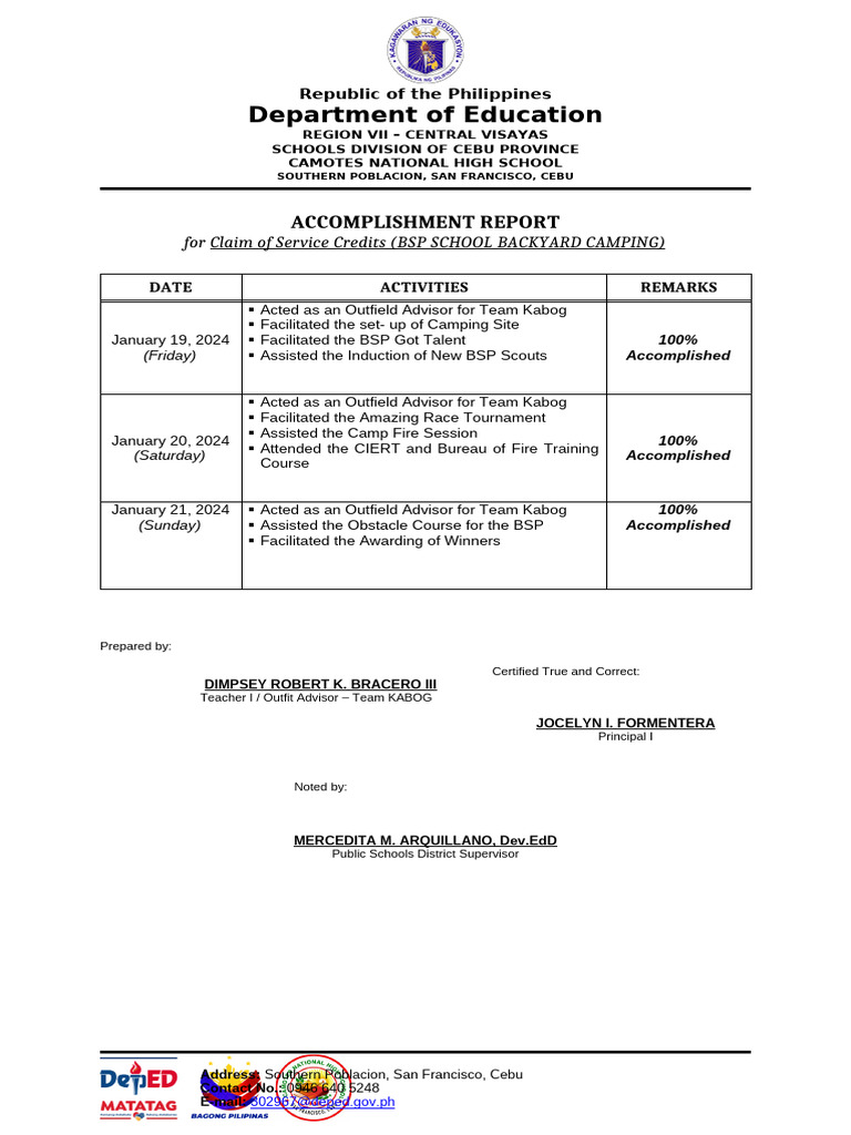 Accomplishment Report - SCHOOL BSP Camping - 2024 | PDF