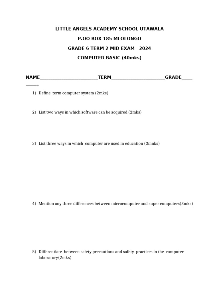 Grade 6 Term 2 Mid-Term Comp Exam 2024 | PDF