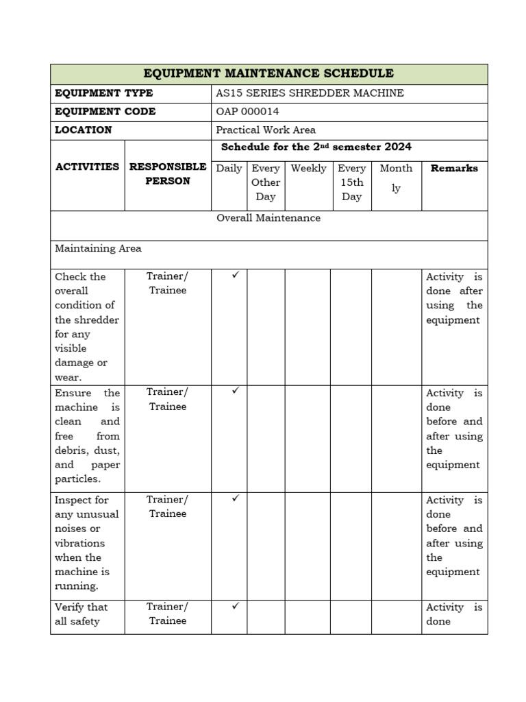 Alvarez Oap NC II Uc1 Lo3 MTF Equipment Maintenance Schedule | PDF