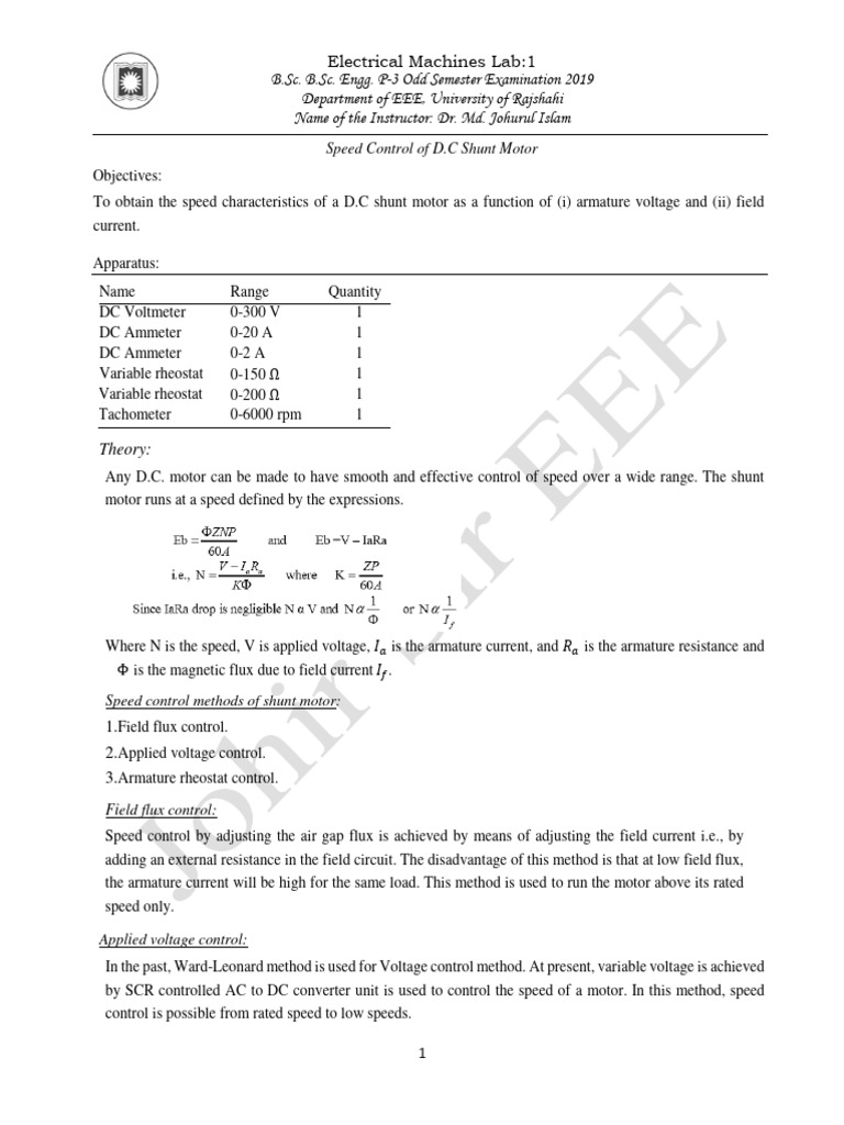 Speed Control of Shunt DC Motor | PDF