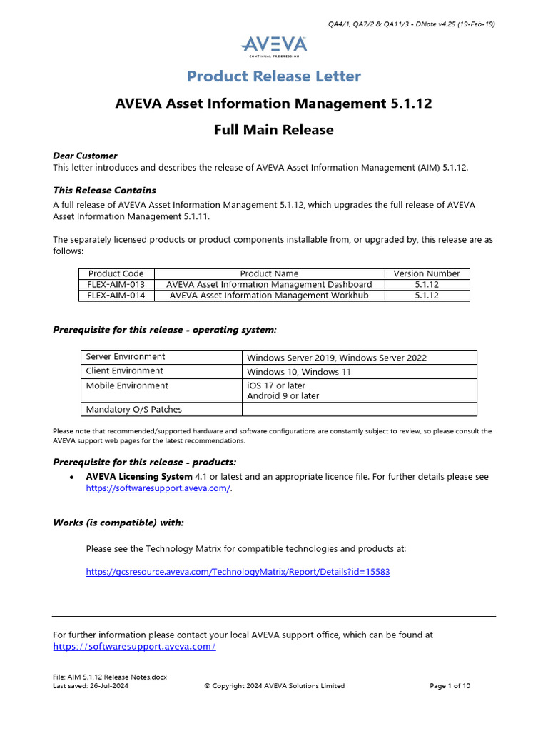 AVEVA Asset Information Management 5.1.12 Product Release Letter. | PDF