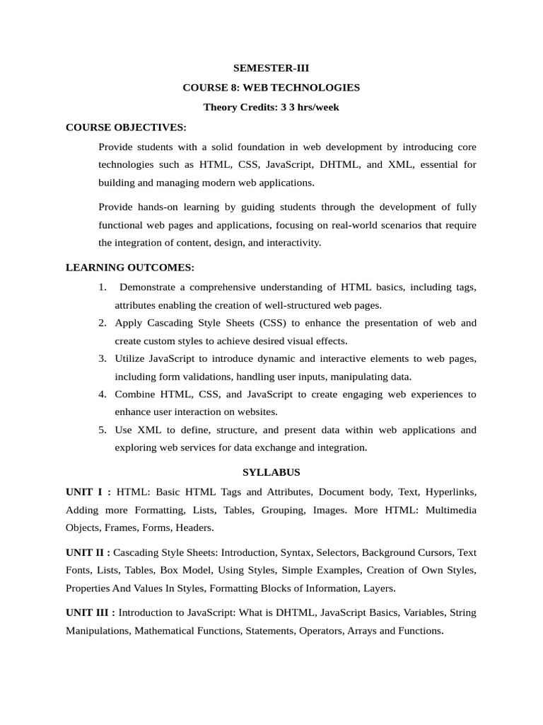 Web Technologies Course Syllabus | PDF | Computers | Technology ...