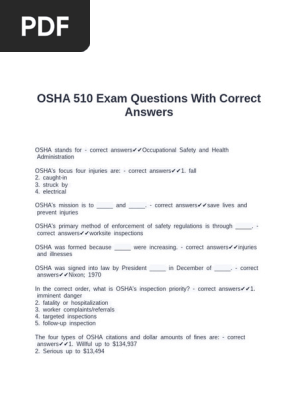 健康・医学 Answers to Everyday Questions OSHA 510 Exam Questions With Correct Answers | PDF