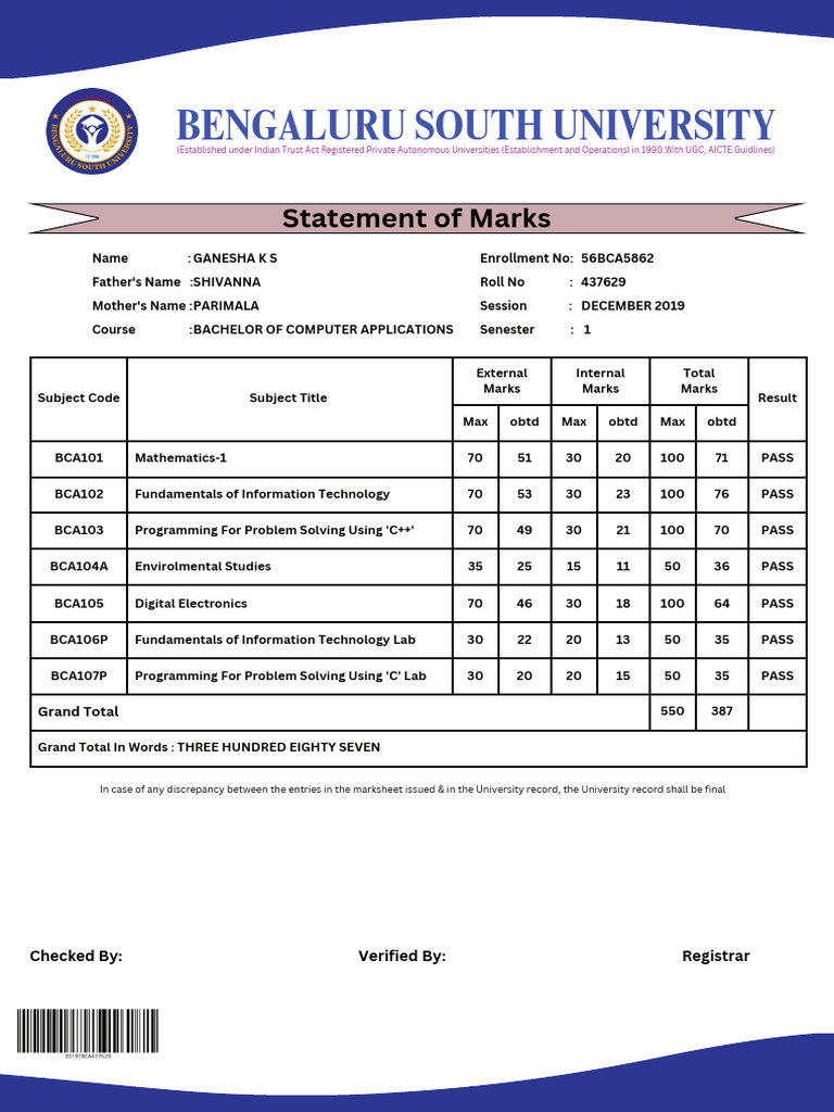 BCA Marks Statement for Ganesha K S | PDF
