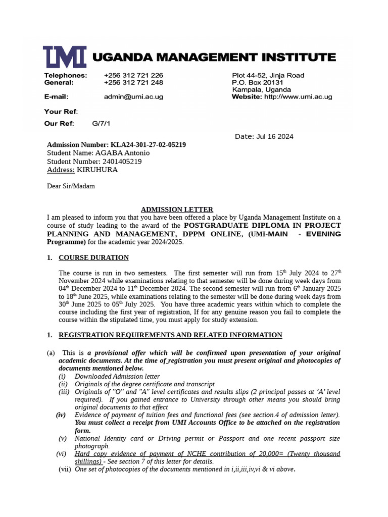 Admissions Letter | PDF